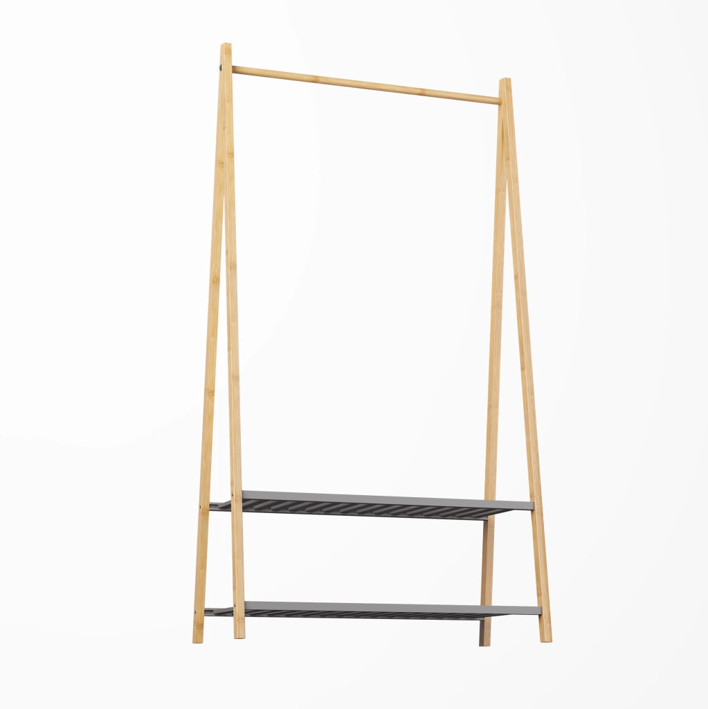Appendiabiti in bamboo con 2 ripiani e barra per abiti, stand salvaspazio per ingresso e camera da letto