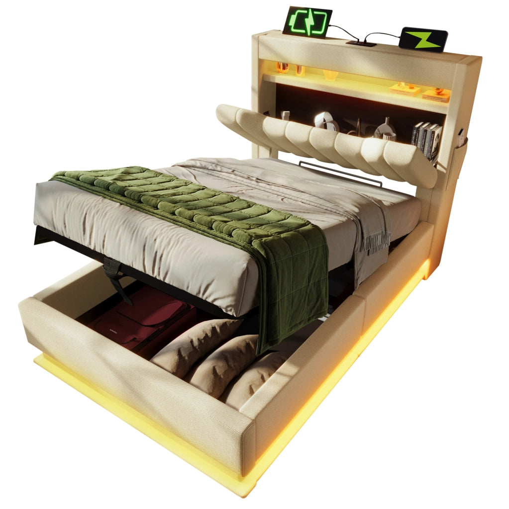 Letto 90x200 cm con materasso, LED, ricarica USB e USB-C, vano idraulico in lino beige