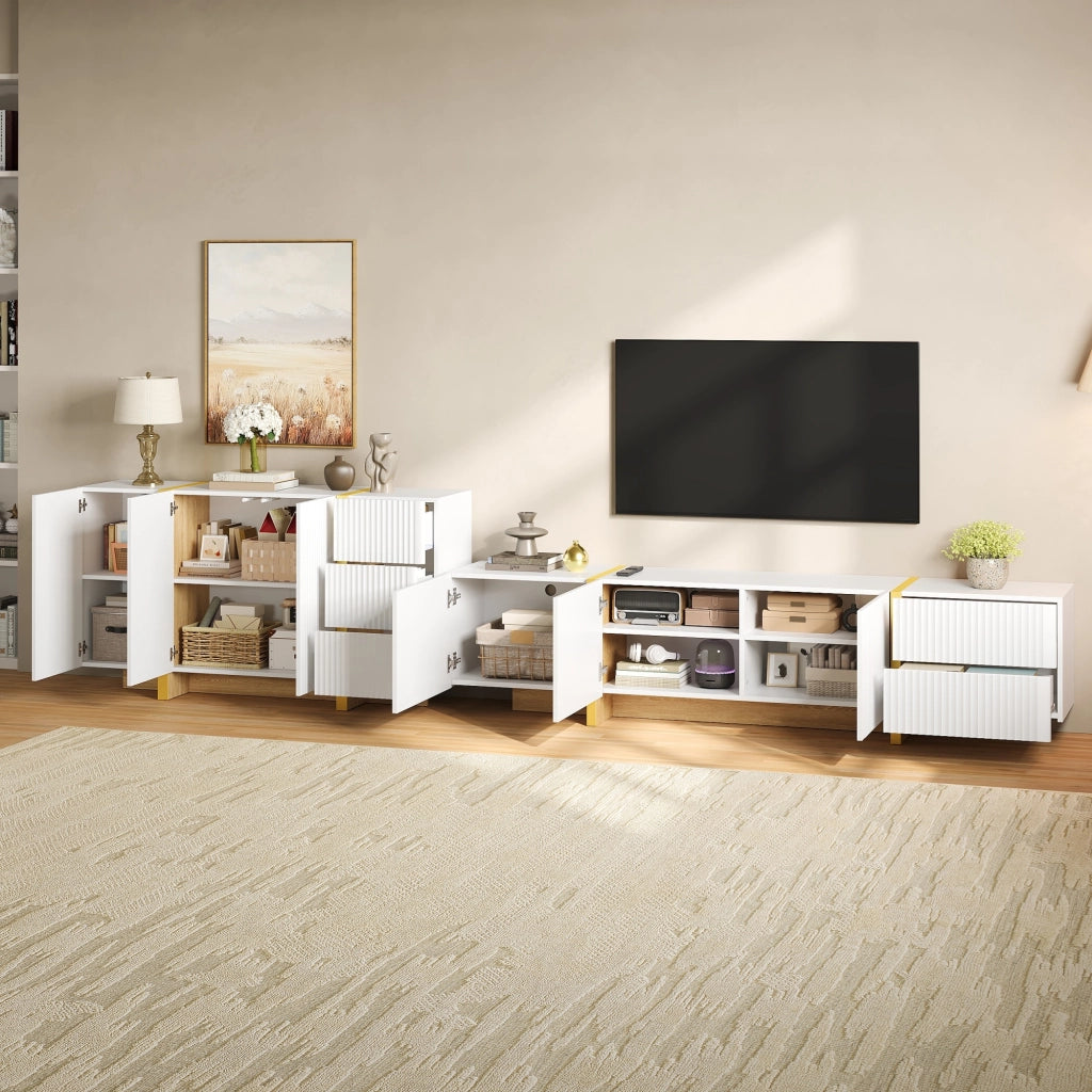 Combinazione mobile TV e credenza con frontali a doghe; 190 cm; MDF e PB; bianca