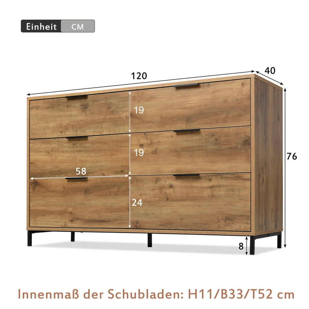 Cassettiera industriale con 6 cassetti e piedini regolabili per camera da letto, rovere scuro, 120 × 40 × 76 cm