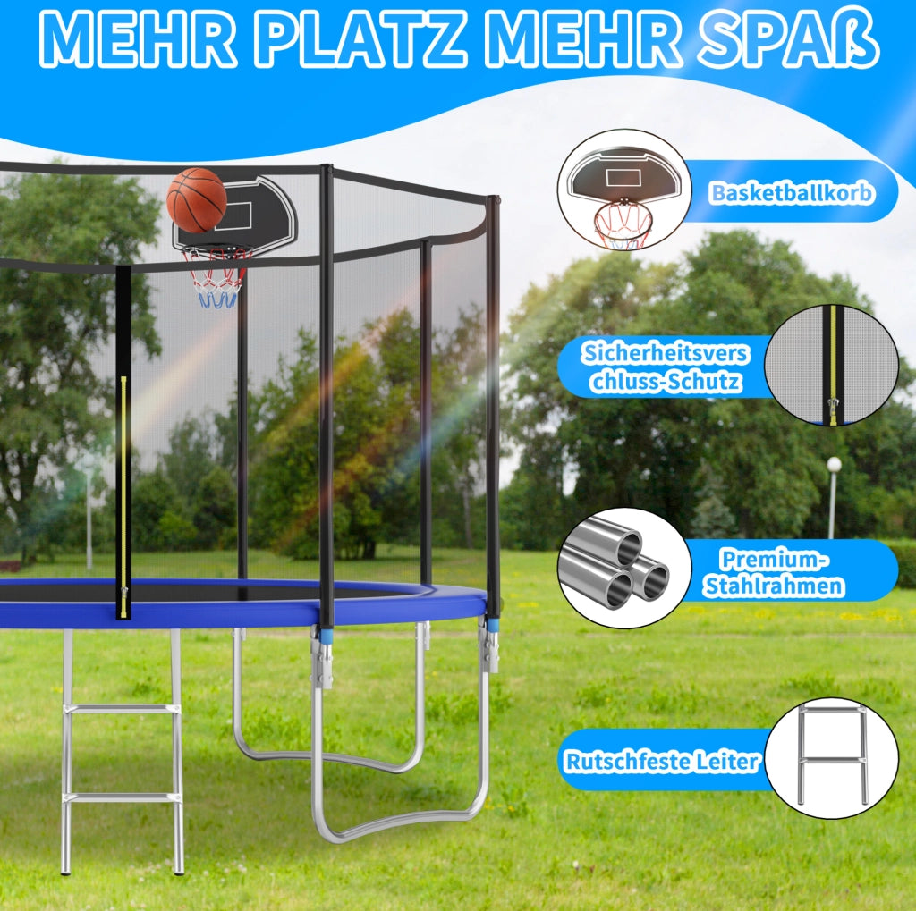 Trampolino rotondo da esterno 366 cm blu con rete di sicurezza, canestro e scala