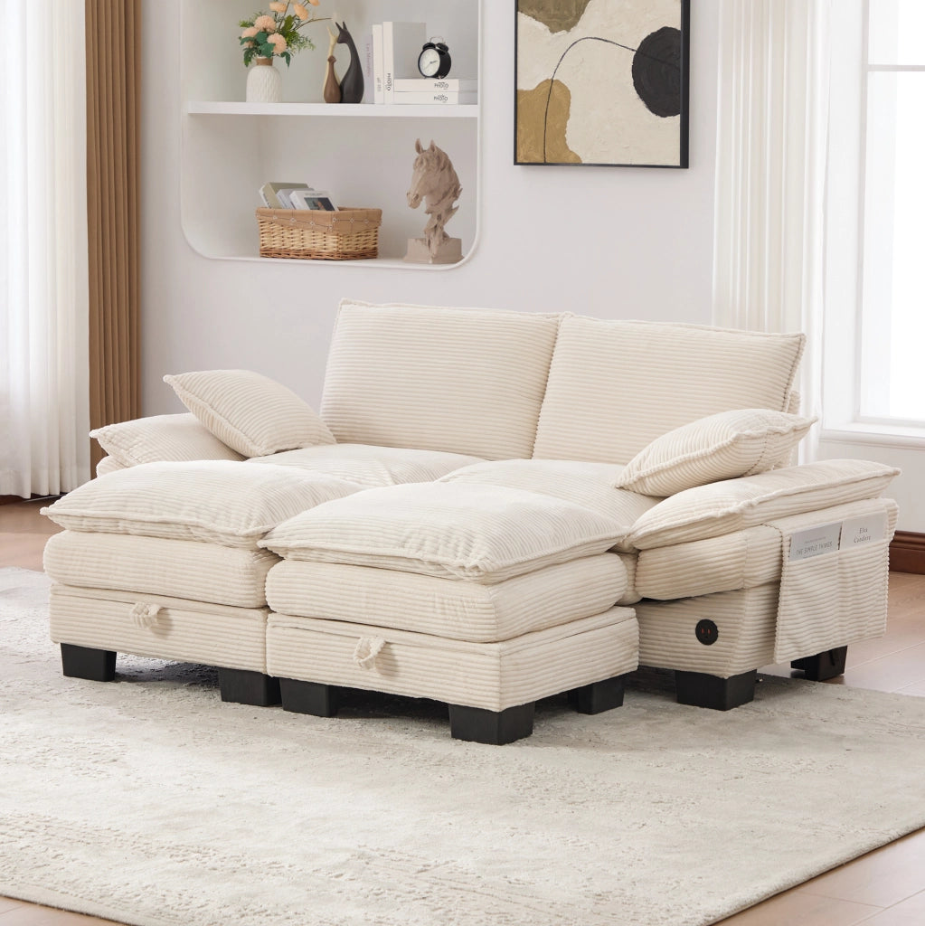 Sofa modulare 2 posti in corduroy con 2 pouf; USB-C; beige; 190x132x84 cm