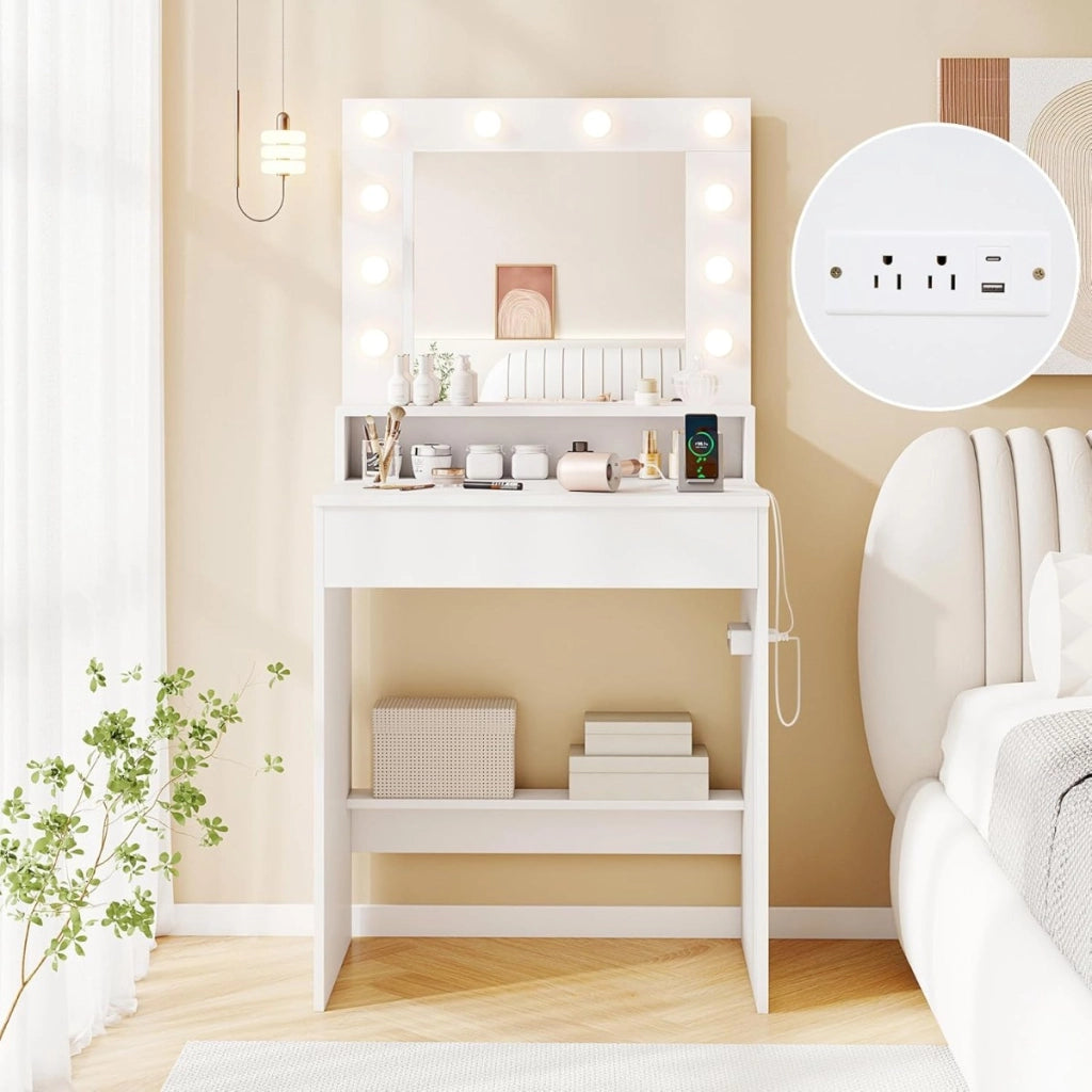 Scrivania vanity con specchio e luci, Tavolo da trucco con 3 modalit¨¤ di illuminazione e luminosit¨¤ regolabile Bianco