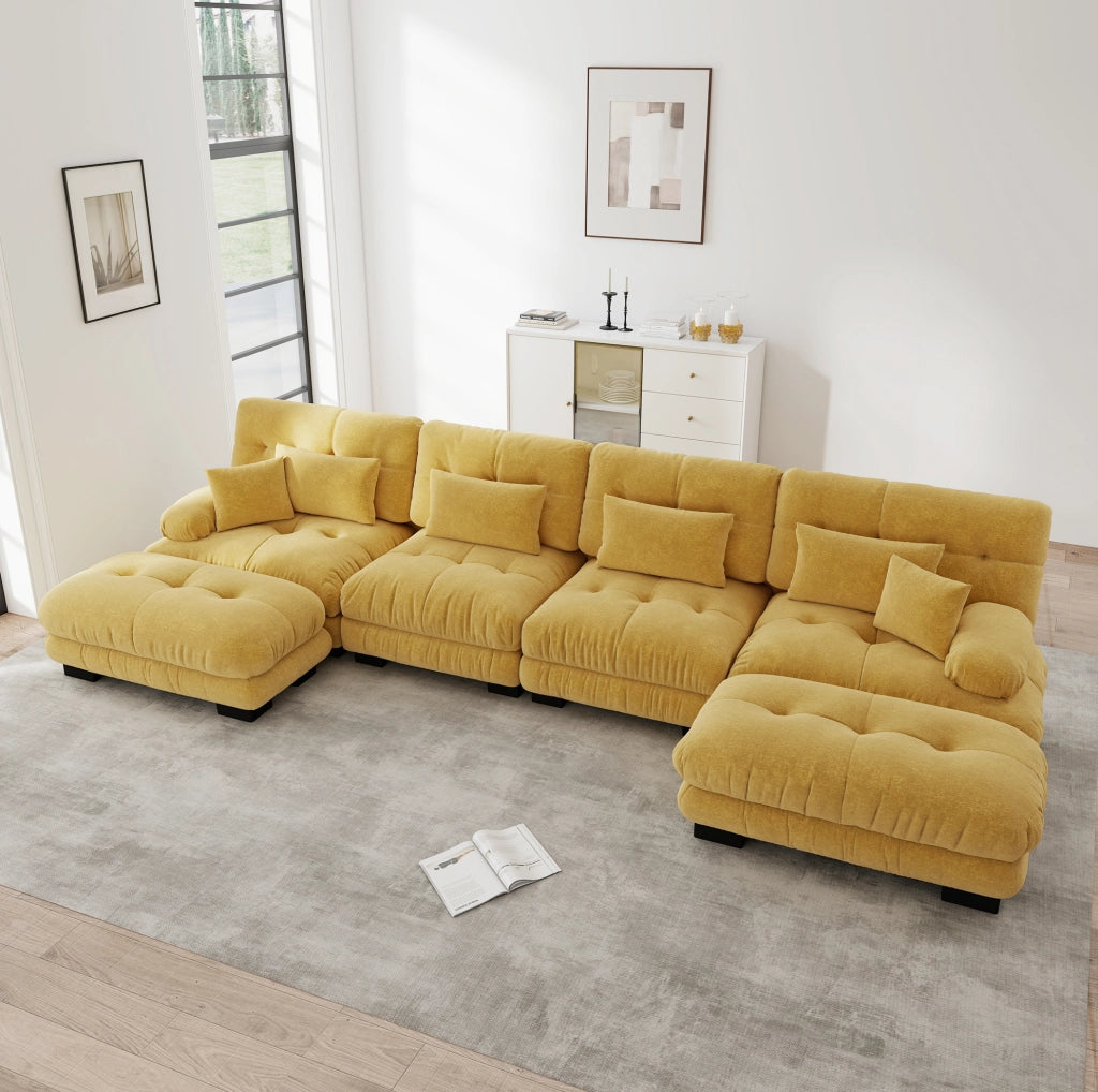 Divano modulare angolare a U 4 posti in tessuto vintage Chenille giallo con pouf mobile