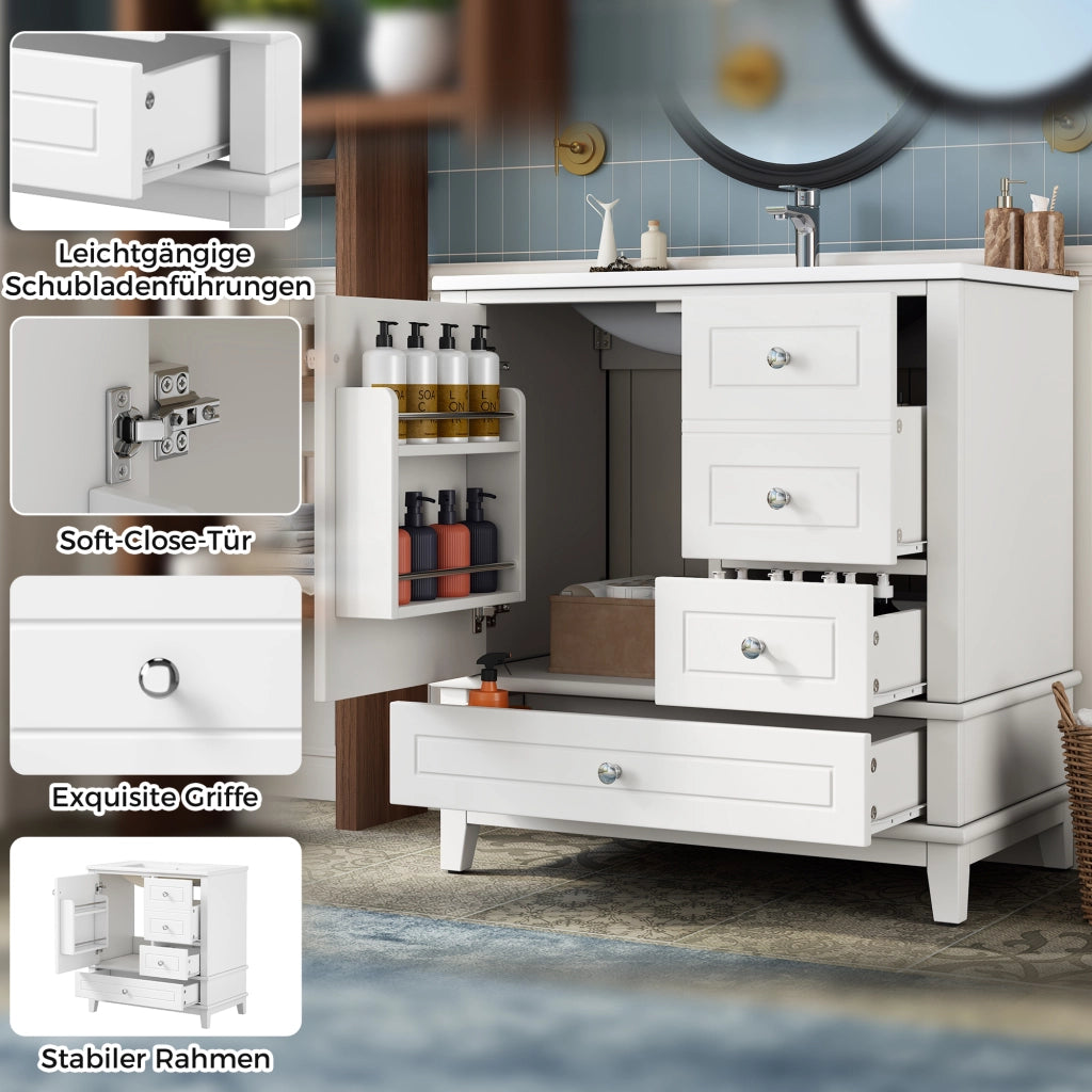 Mobiletto con lavabo in ceramica tre cassetti anta soft close MDF bianco lucido 81 × 47 × 86 cm