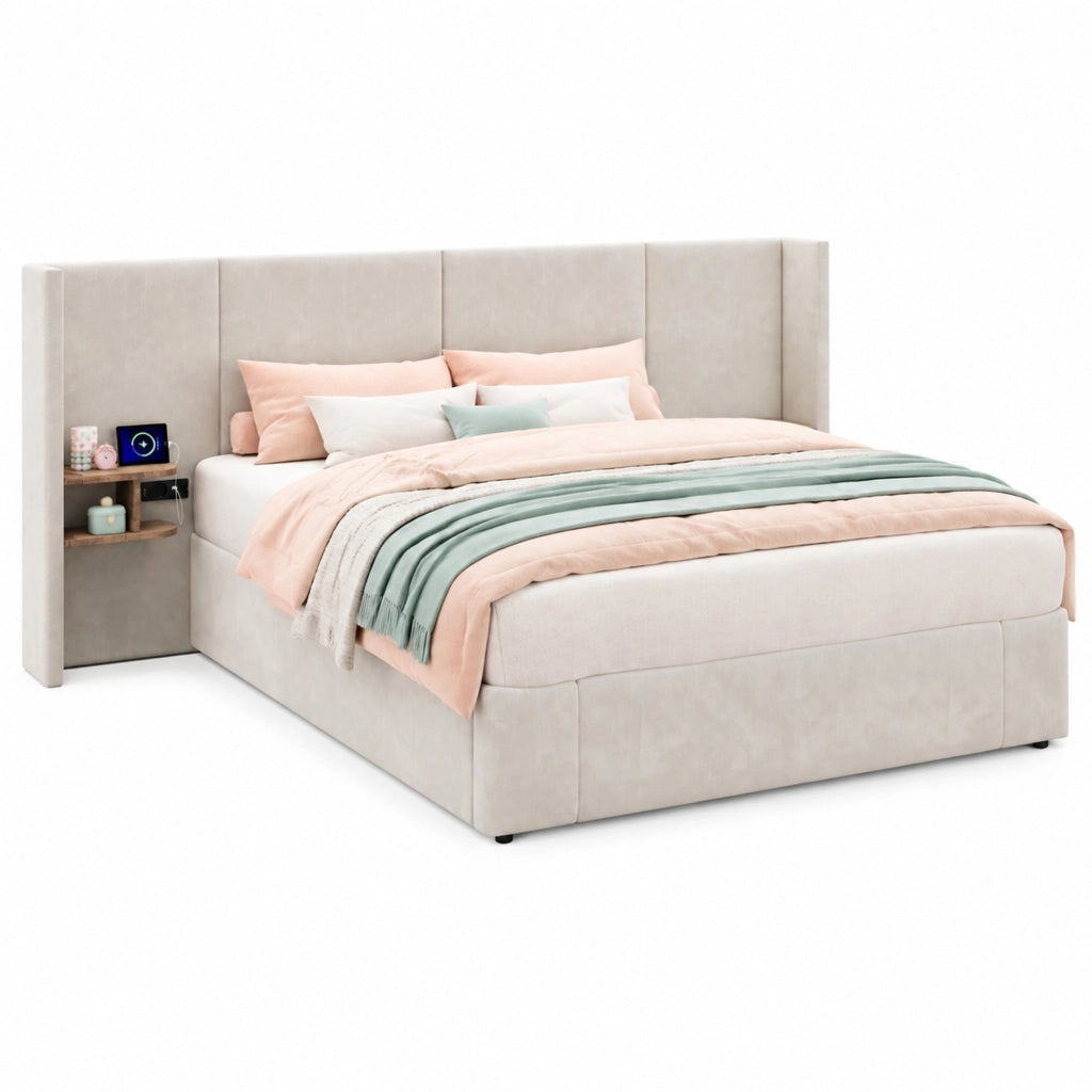 Letto contenitore 160x200 cm con USB-A; USB-C e prese; 2 comodini; rete a doghe in legno; velluto beige