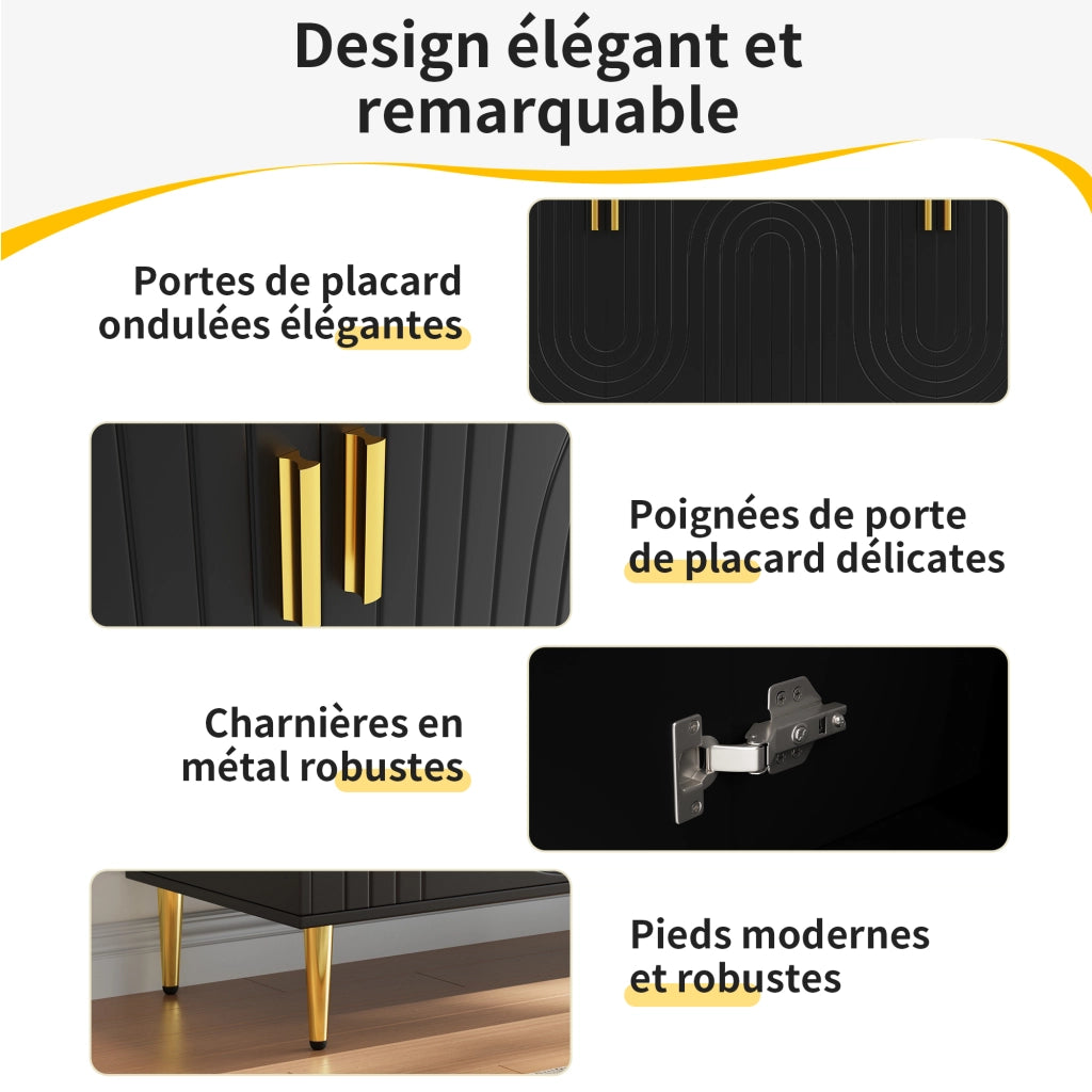 Credenza con 4 ante, 2 cassetti e vani contenitore, frontali ondulati per soggiorno, in MDF nero, 152 × 40 × 75 cm
