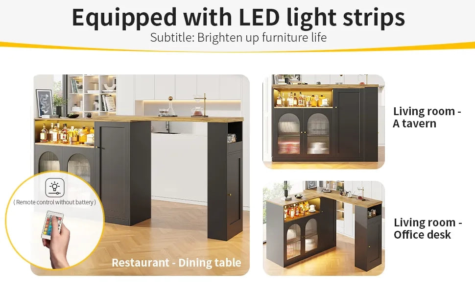 Bar Girevole 360° 198x39,6x97 cm, Mobile Nero Opaco con Scrivania Effetto Legno, Ante Vetro e LED, Sideboard Cantinetta Angolo Caffè
