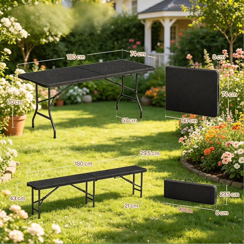Set Mobili da Giardino Pieghevole per 8-10 Persone con Tavolo 180x74x70 cm e 2 Panche, Nero, Ideale per Esterno e Campeggio