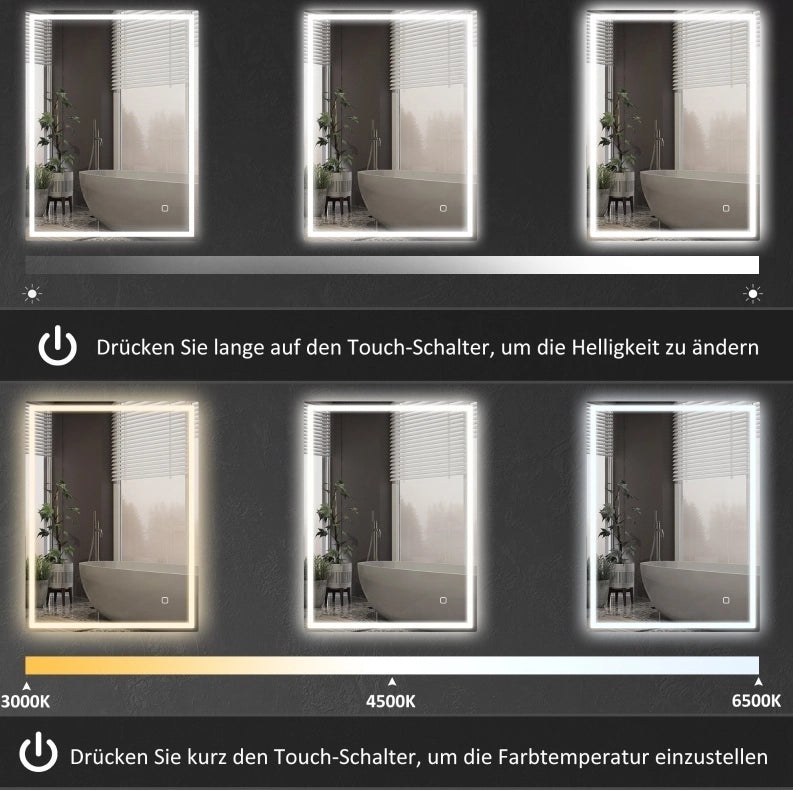 Specchio da bagno LED 90x70 cm con illuminazione dimmerabile e funzione memoria, design in vetro temperato argento
