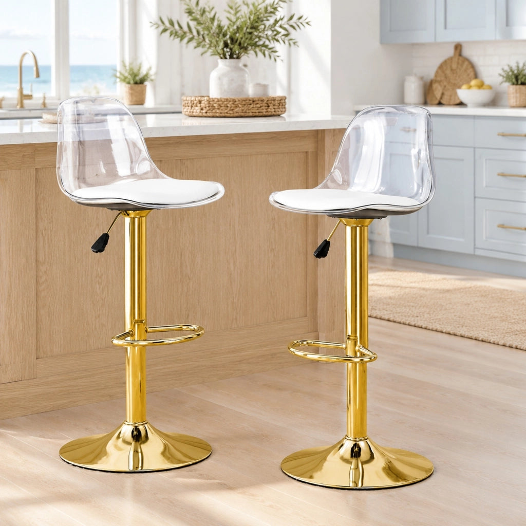 Set 2 sgabelli da bar regolabili 82-104 cm con schienale trasparente e base dorata HOMVRA