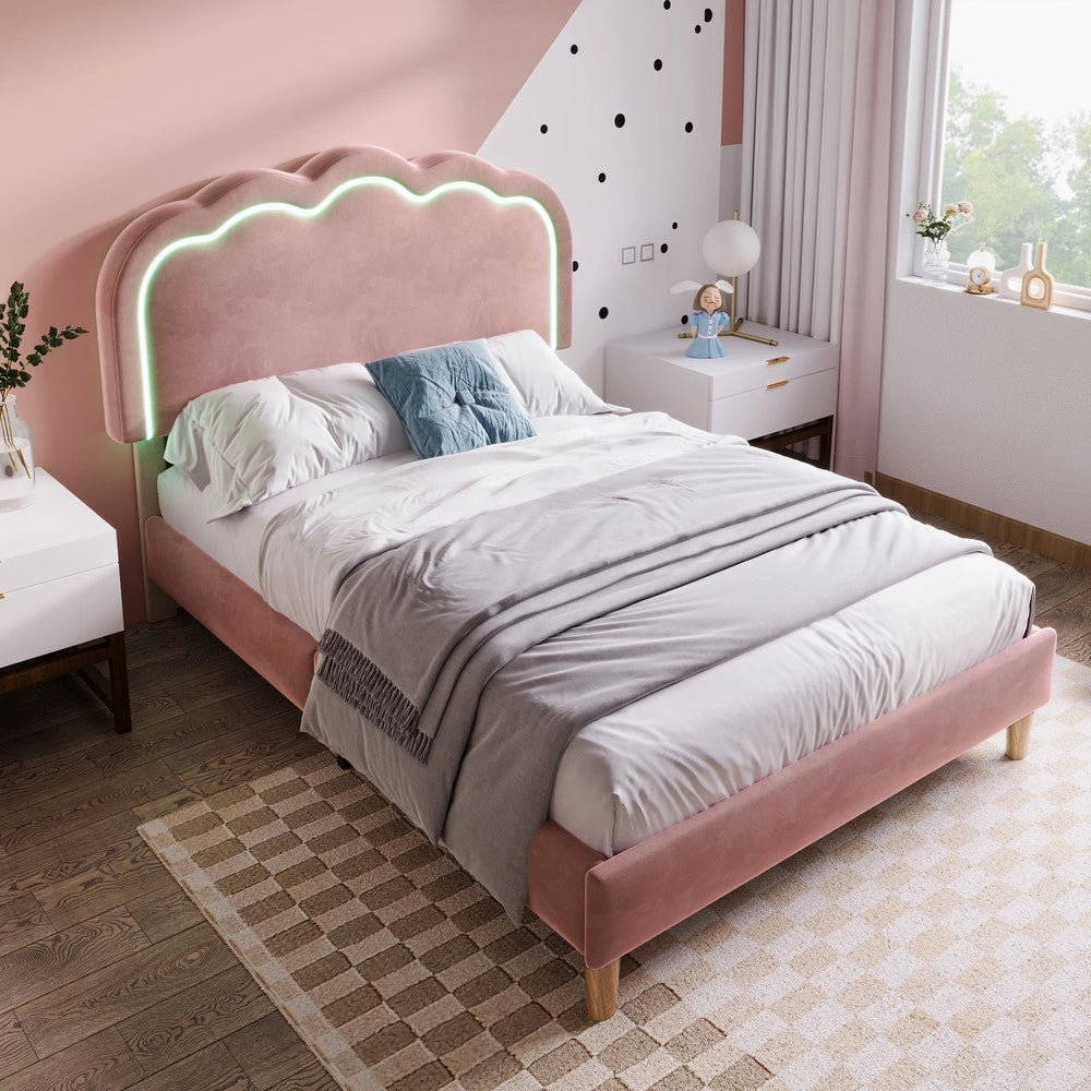Letto Singolo Imbottito con Testiera Regolabile e Doghe ¨C MINIMAL ¨C Rosa Velluto 90x190cm