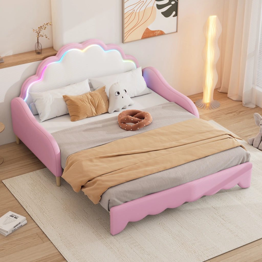 Letto matrimoniale trasformabile 140 × 200 cm in PU rosa con testiera LED e rete a doghe
