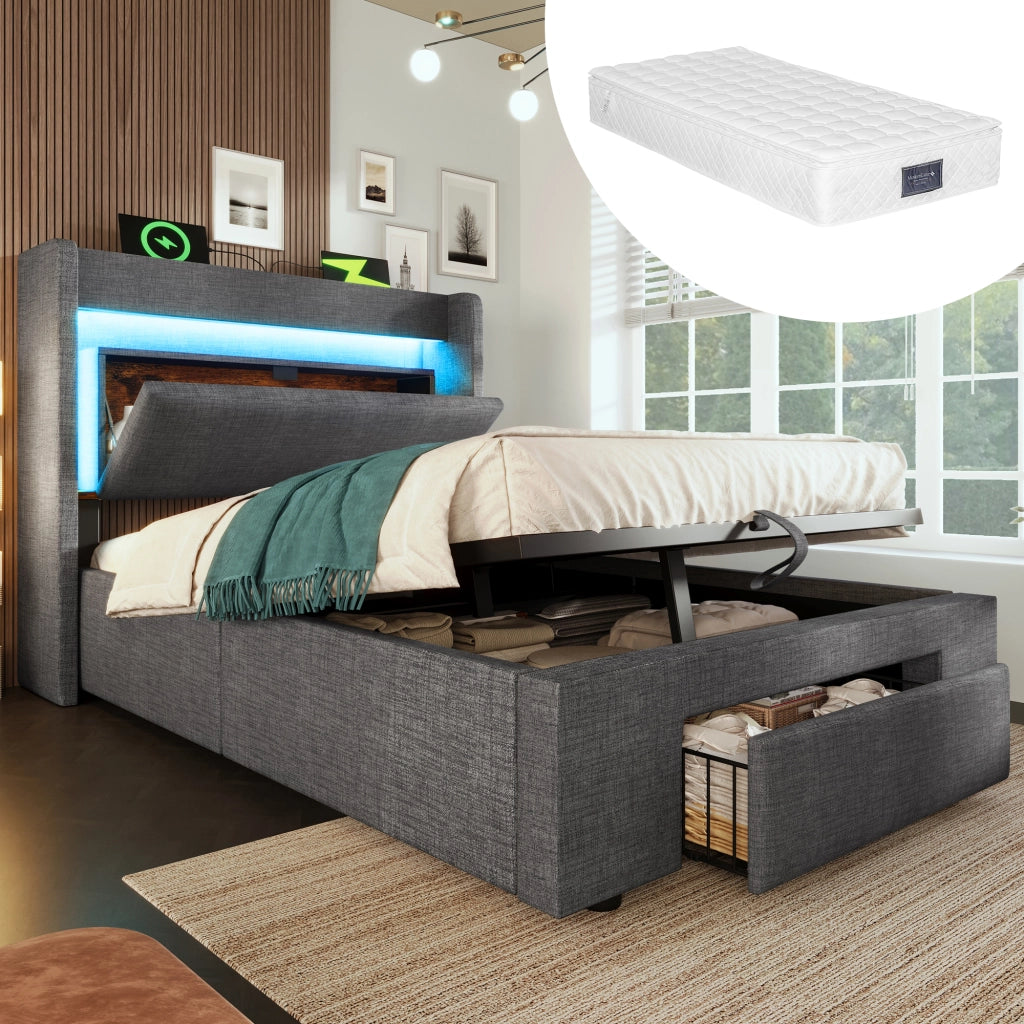 Letto contenitore singolo 90 × 200 cm con cassetto; LED regolabile; USB e porta tipo C; con materasso; grigio