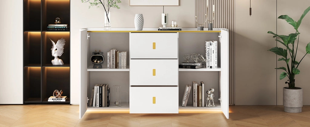 Sideboard bianco multifunzionale LED 150x35x80 cm con 2 ante e 3 cassetti