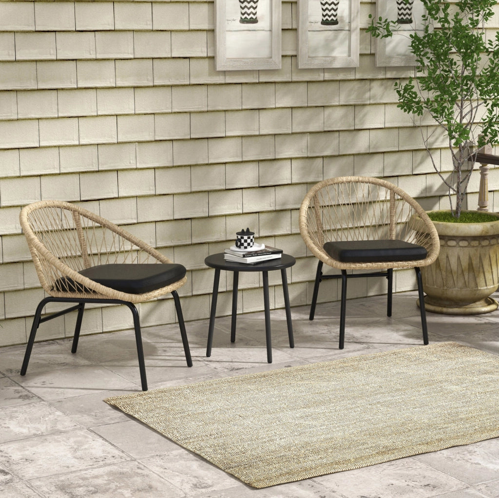 Set da giardino 3 pezzi giallo in rattan; tavolo rotondo e 2 sedie con cuscini