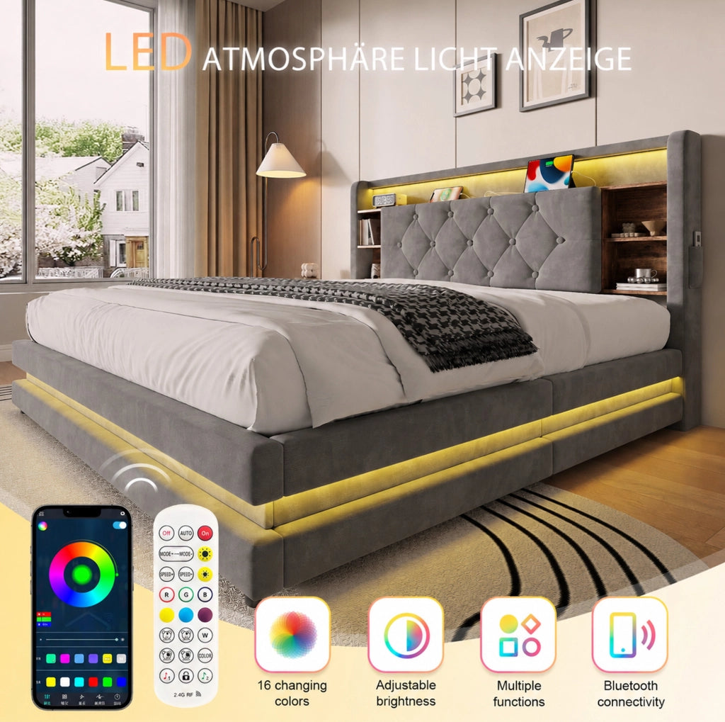 Letto imbottito 140x200 cm grigio scuro con LED e USB