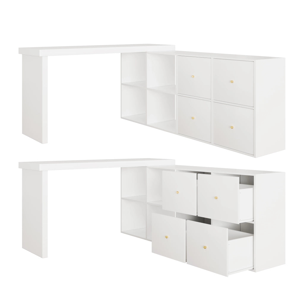 Scrivania angolare girevole sicura con 4 cassetti e 4 vani, piano a 360° per studio e home office, MDF bianco