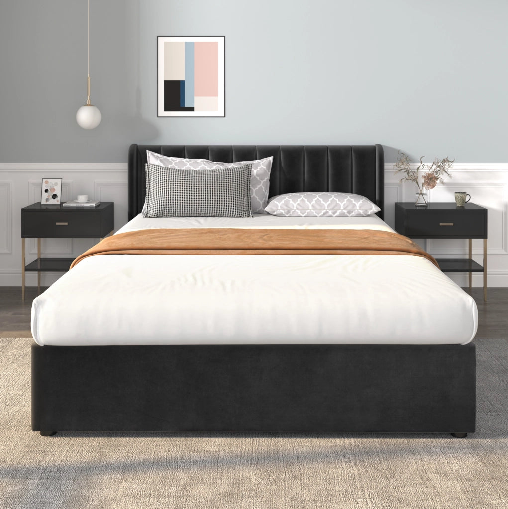 Letto matrimoniale 160x200 cm in velluto nero con testiera; doghe e 2 cassetti