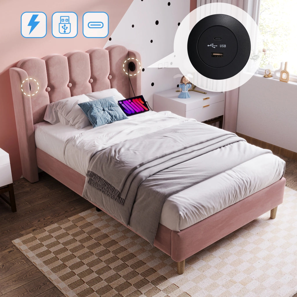 Letto Singolo Imbottito 90x200 cm con USB; USB-C; Rose