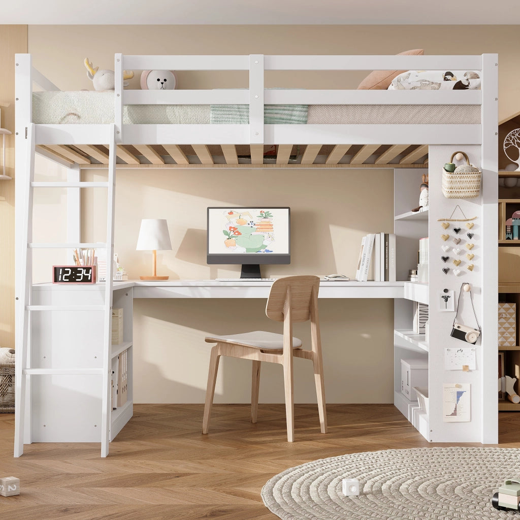 Letto a soppalco per bambini 90 × 200 cm con ripiano scala inclinata a 4 gradini e sponde di sicurezza bianco