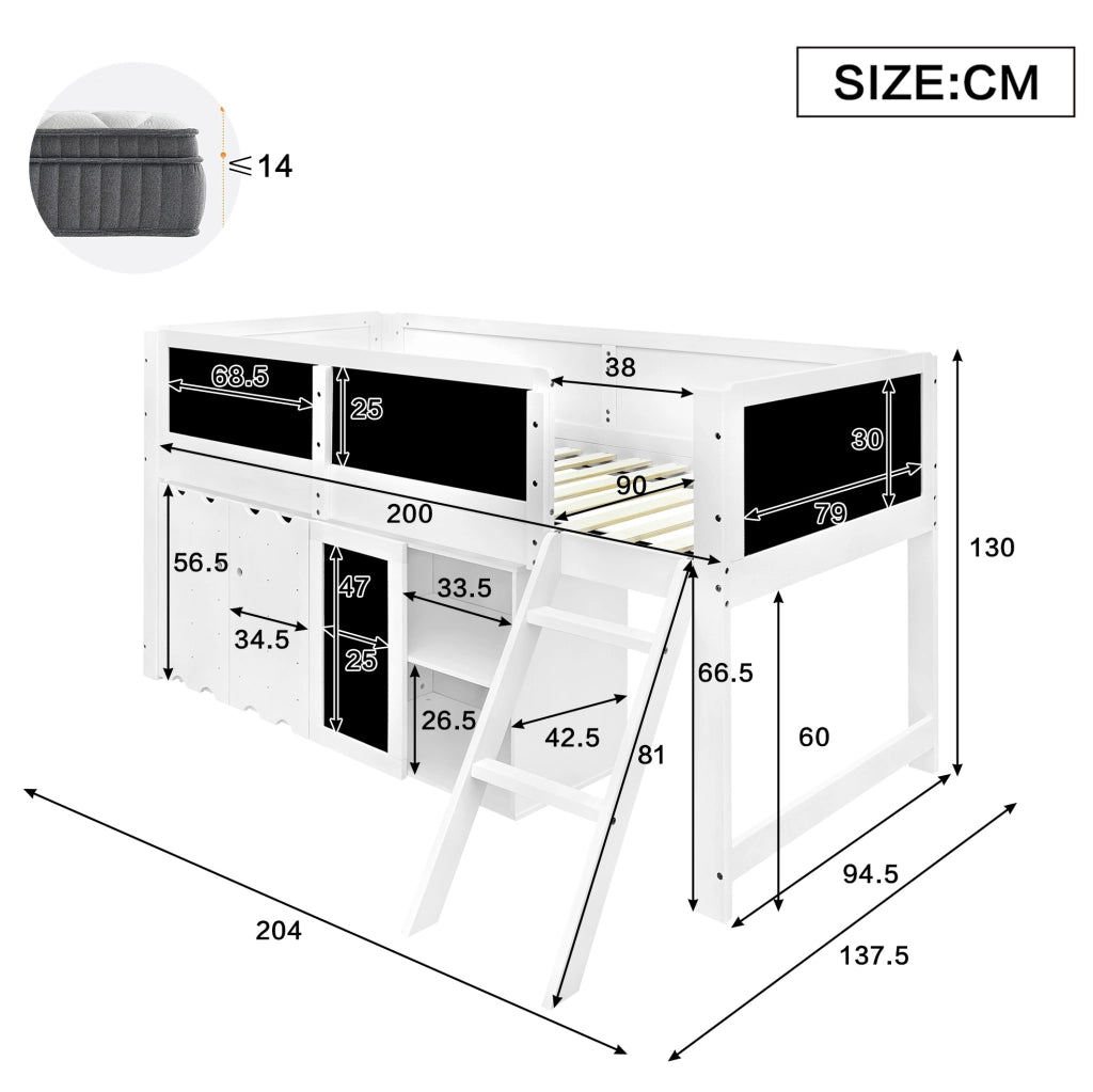 Letto a soppalco bambini 90x200 cm con armadio e lavagna