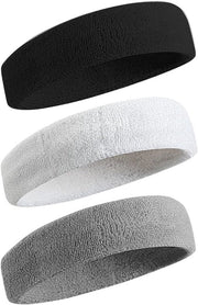 Banda per capelli da sudore a tre pezzi per uomo e donna - asciugamano da sudore in cotone per tennis, pallacanestro, corsa, fitness e allenamento (grigio + nero + bianco)