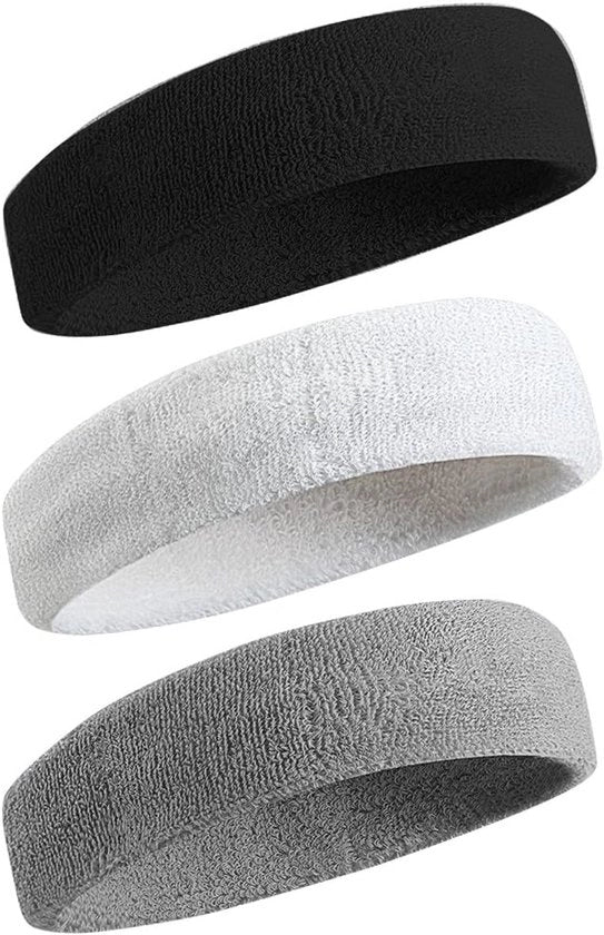 Banda per capelli da sudore a tre pezzi per uomo e donna - asciugamano da sudore in cotone per tennis, pallacanestro, corsa, fitness e allenamento (grigio + nero + bianco)