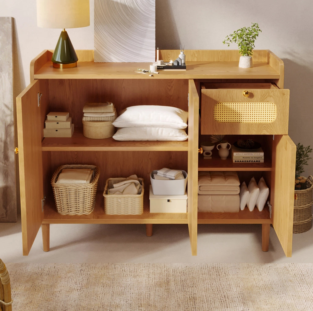 SIDEBOARD 120x40x91 cm MDF Color Rovere con Intreccio in Rattan e Cassetto