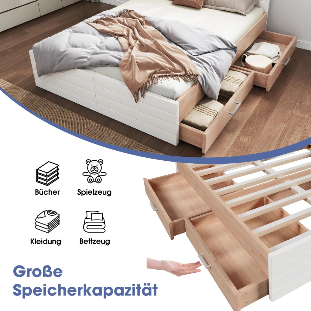 Letto con cassetti 180 × 200 cm con rete a doghe in legno e MDF bianco e rovere chiaro senza materasso