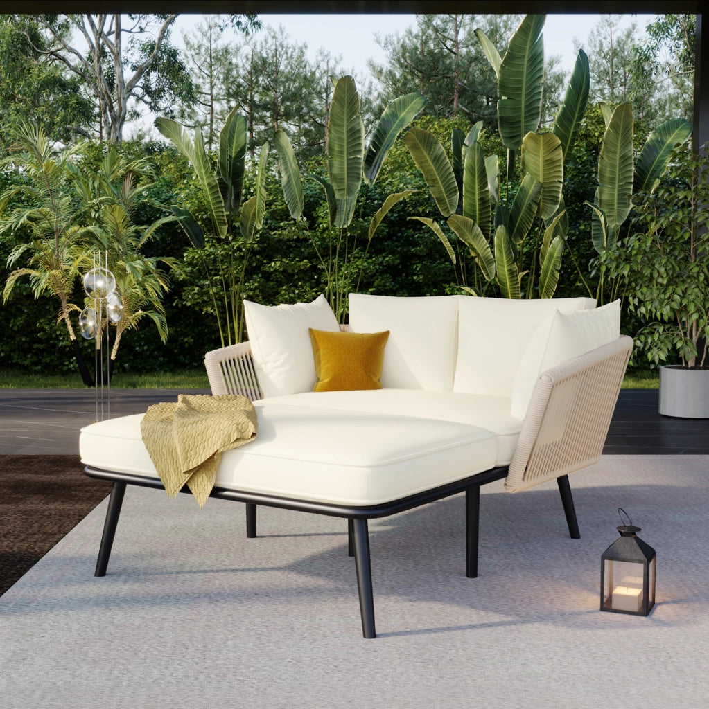 Lettino prendisole da giardino con 2 cuscini imbottiti beige HAVRYA