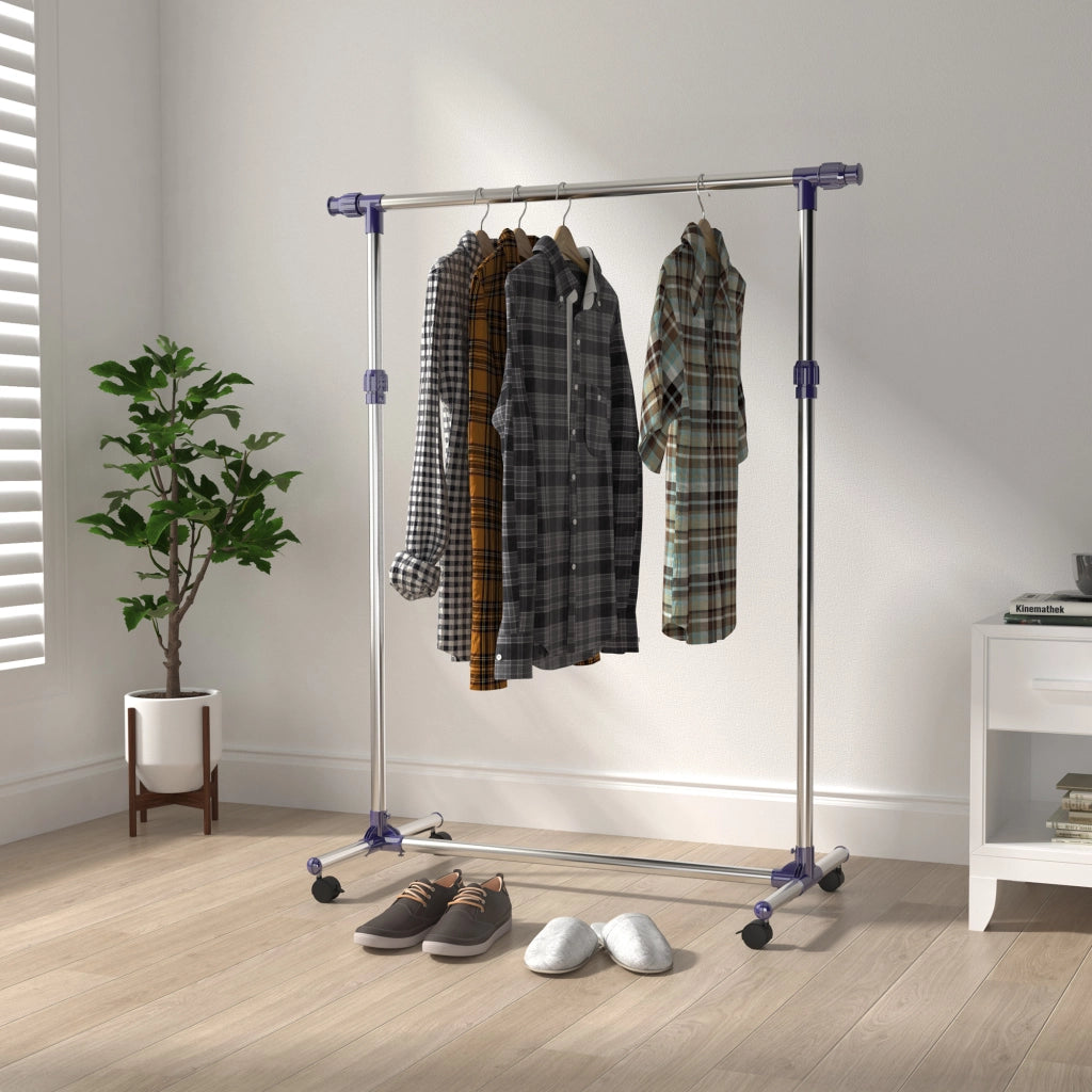Appendiabiti su ruote regolabile con barra estensibile e 2 freni in acciaio inox argento 86–160 × 45 × 95–170 cm