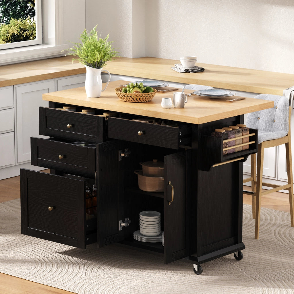 Mobile base da cucina con 2 ante piano estraibile e ruote in MDF nero naturale 107 × 45-70 × 90.5 cm