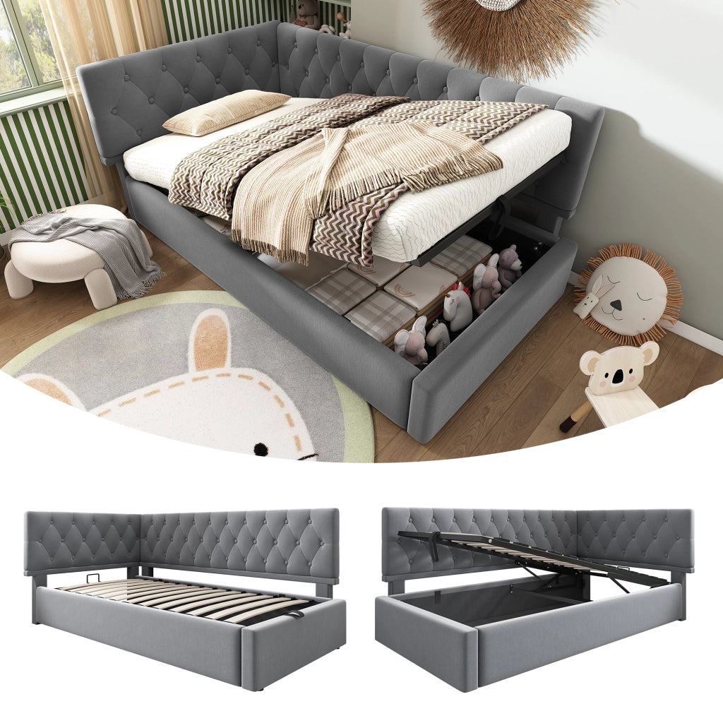 Letto divano singolo 90 × 190 cm con contenitore idraulico e testiera reversibile, senza materasso, velluto grigio