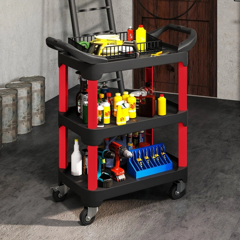 Carrello porta utensili a 3 ripiani con maniglia e ruote, nero, 81 x 43 x 96 cm, portata max 68 kg