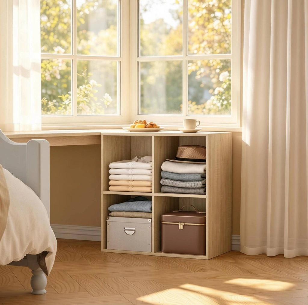 Libreria a cubi compatta in legno E1 60x60x29 cm con 4 scomparti, mobile aperto multifunzione per soggiorno e ufficio, colore legno chiaro
