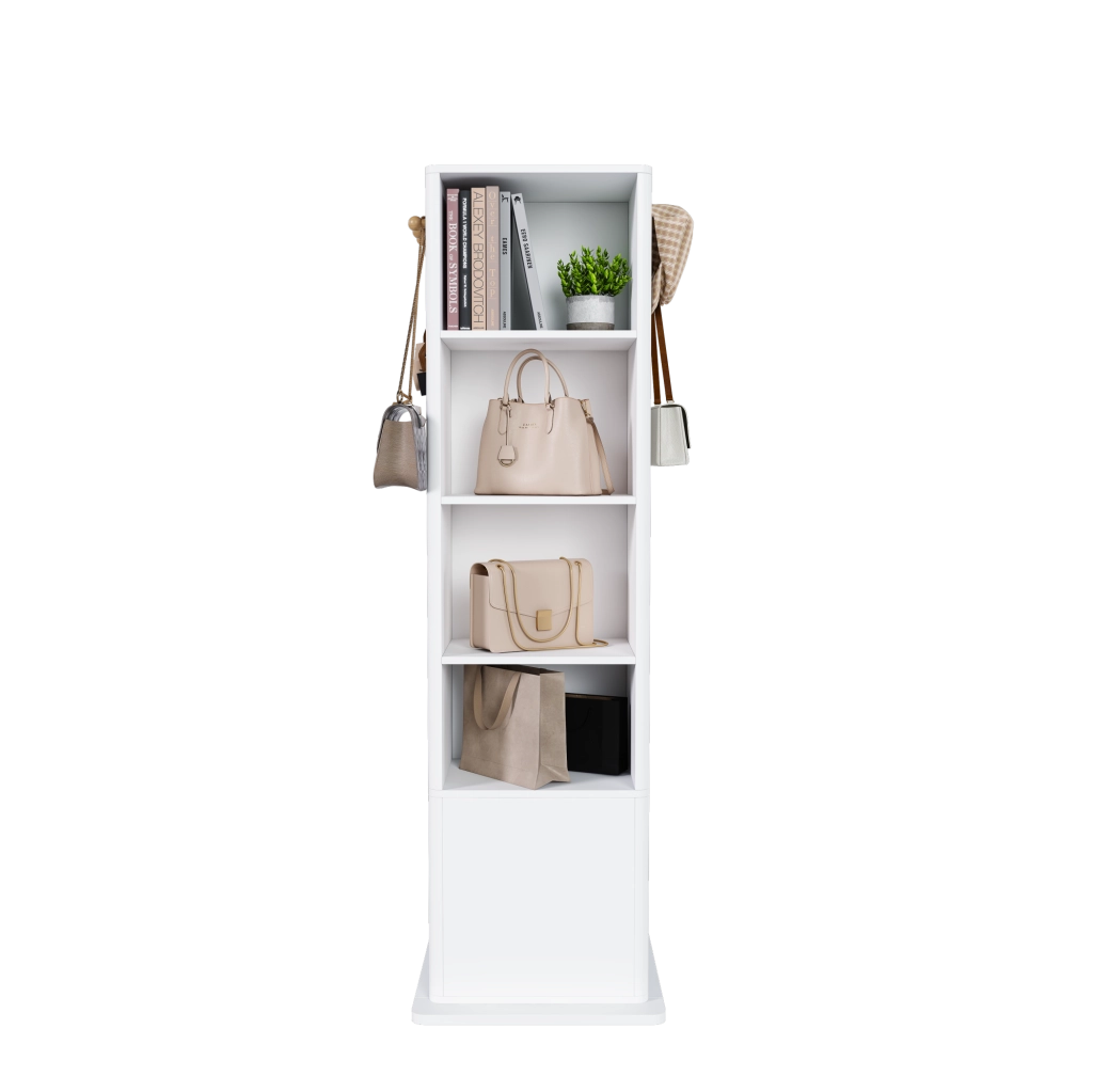 Armadio portagioie girevole 360° con specchio 170 cm; 4 ripiani e 6 ganci in MDF bianco