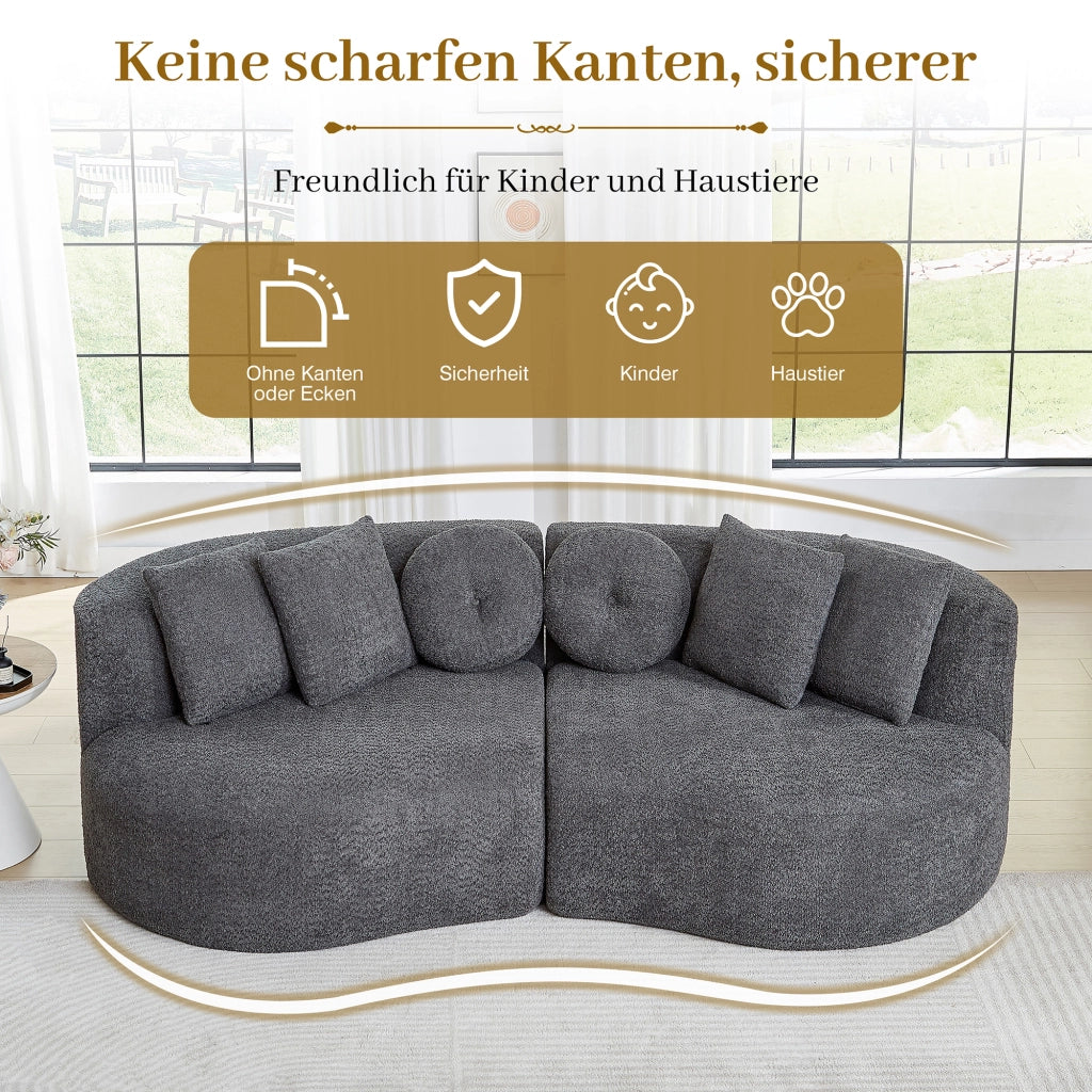 Divano modulare a 2 elementi curvo in chenille grigio con schienale continuo e 6 cuscini assortiti