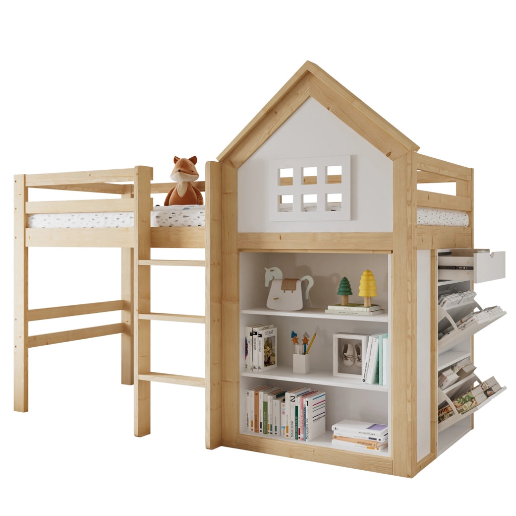 Letto a soppalco per bambini con cassetti e vani 90 x 200 cm