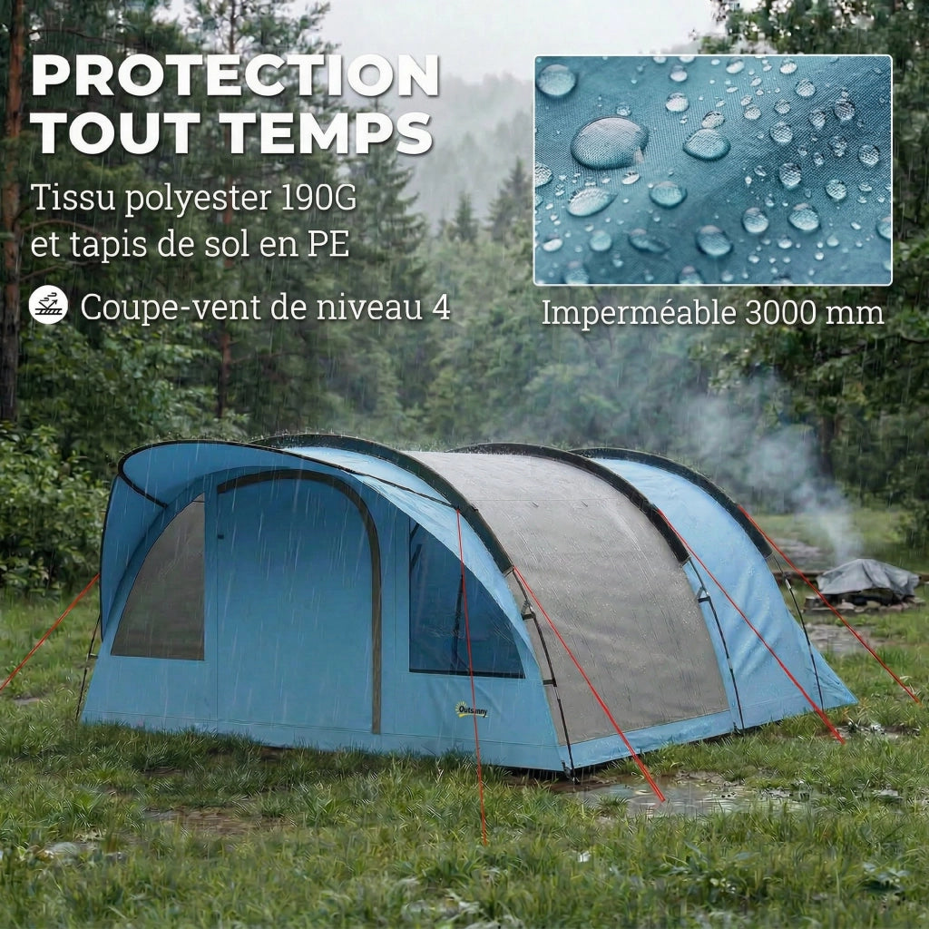Tenda da Campeggio a Tunnel 4 Persone 3-4 Stagioni Impermeabile 3000mm Altezza 2 m Soggiorno XL 3,7 m Blu