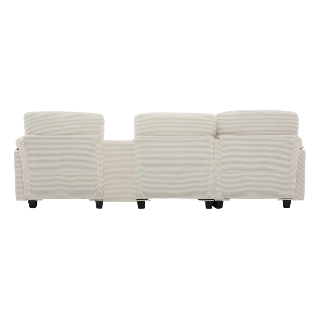 Divano beige in velluto a coste con console scorrevole; USB-C e pouf contenitore – 266 × 136 × 82 cm