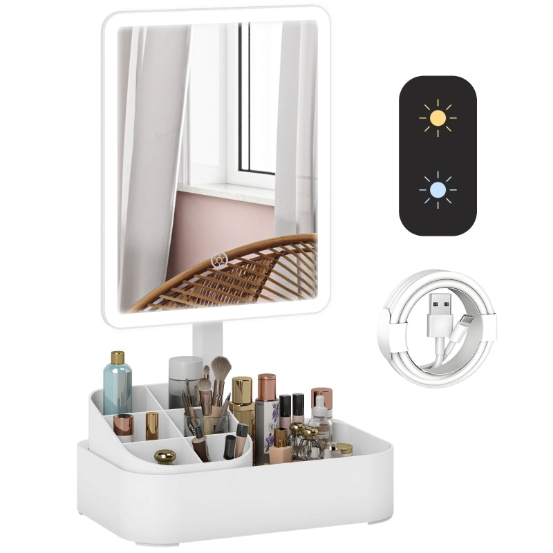 Specchio da trucco con luce LED ricaricabile bianco girevole a 180° con contenitore per cosmetici e cavo tipo C