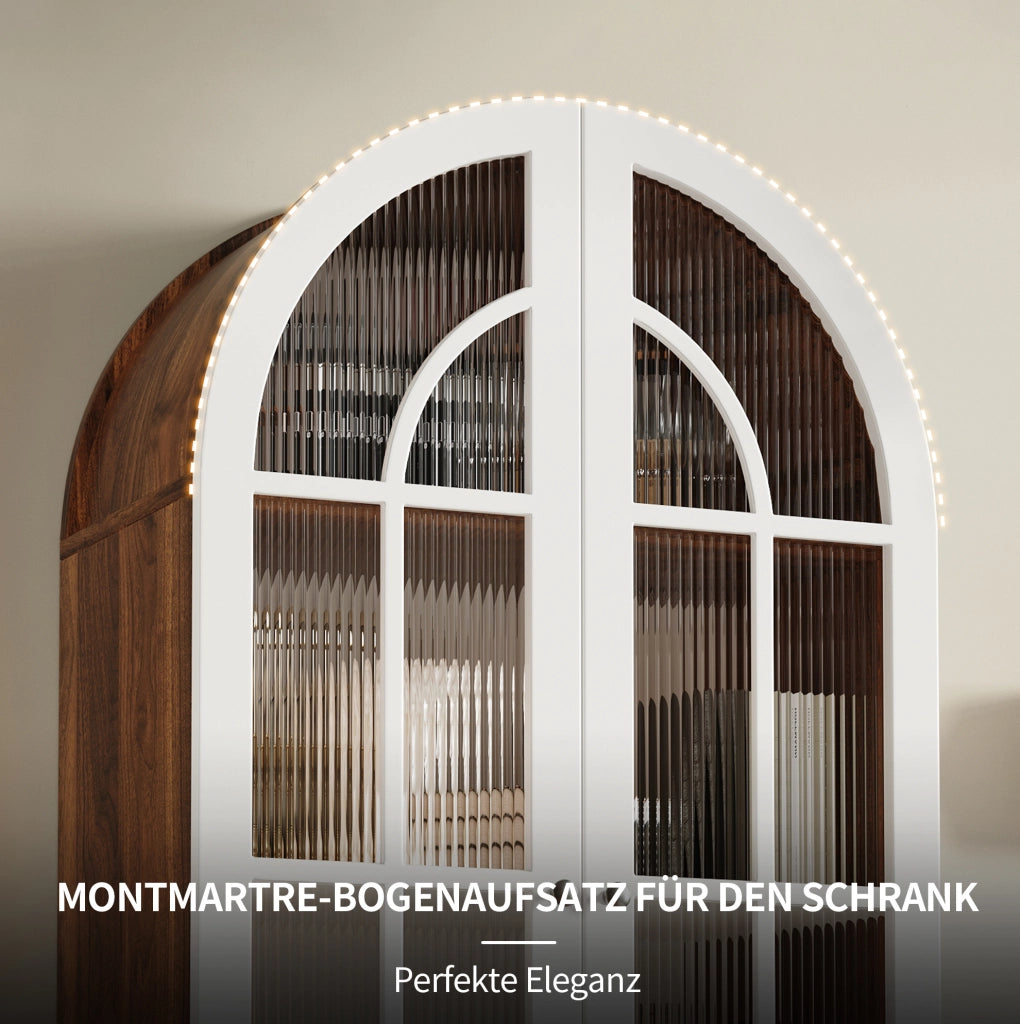 Vetrina ad arco 165 cm con ante doppie in vetro scanalato, 3 ripiani, MDF e metallo, finiture noce e bianco