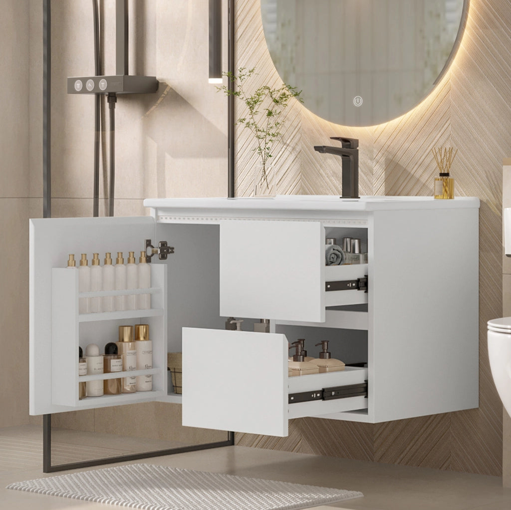 Mobile bagno sospeso 76x46x50 cm bianco MDF e ceramica; lavabo integrato