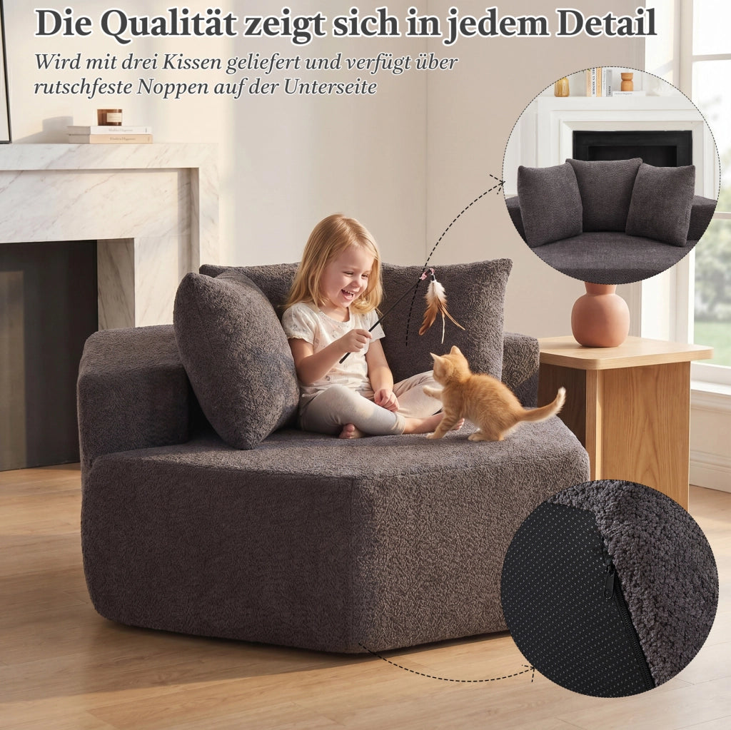 Poltrona singola esagonale in chenille morbido con design modulare e tre cuscini