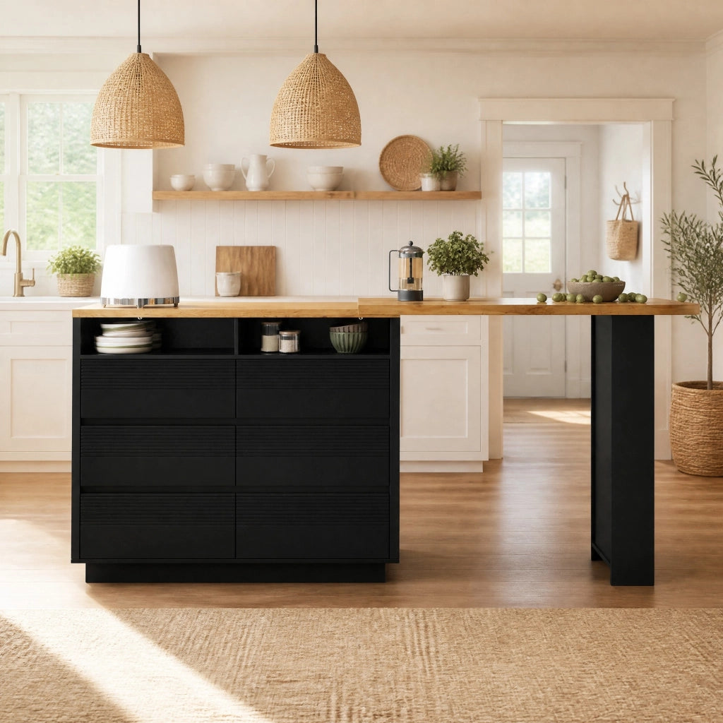 Tavolo bar estensibile nero con 6 cassetti in MDF