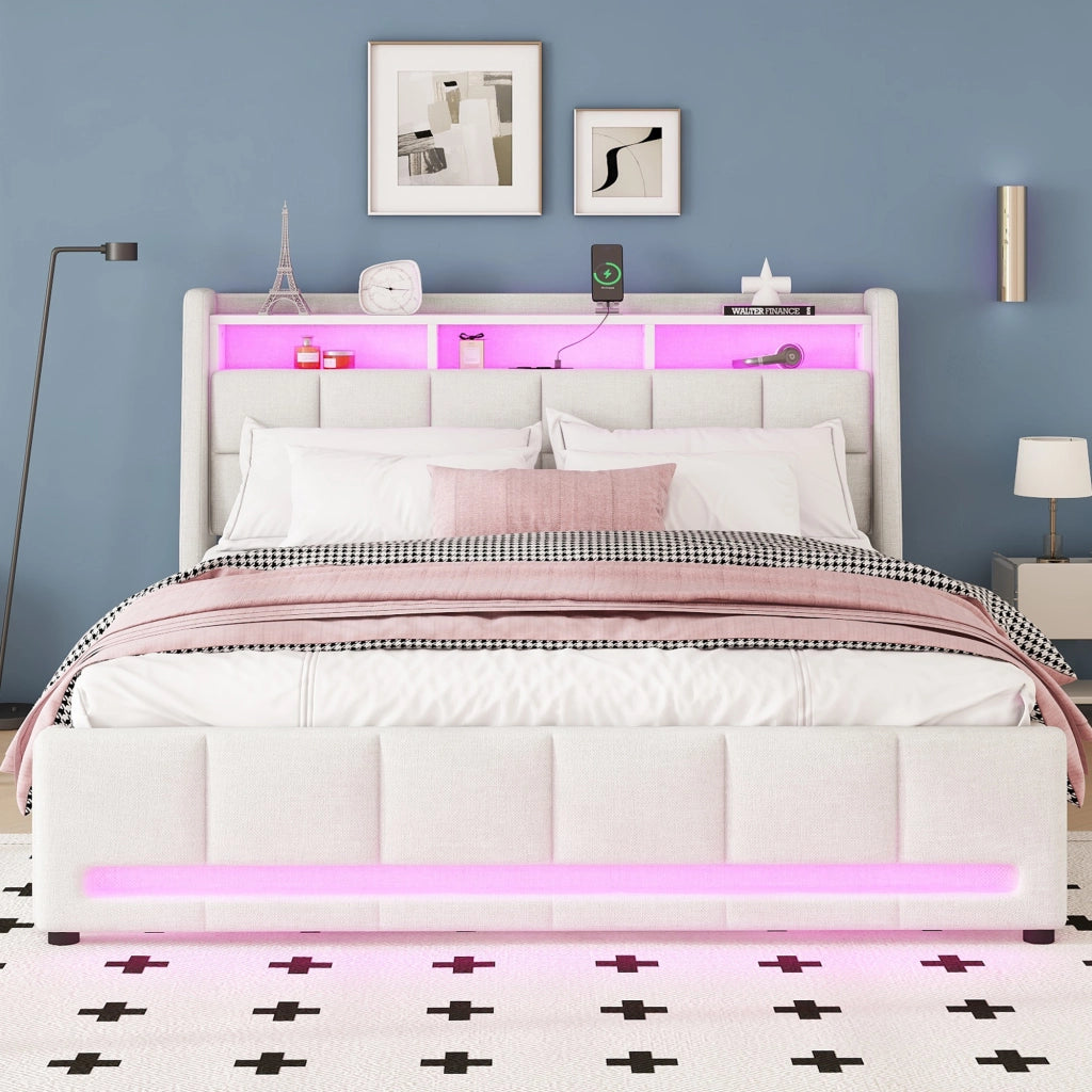 Letto Imbottito 140x200 cm in lino con Cassetti; LED; USB-C Beige
