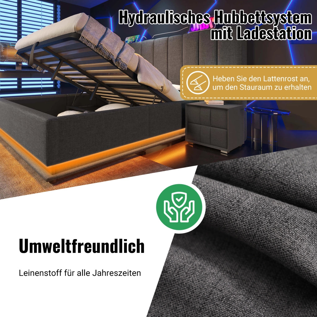 Letto imbottito con LED, USB-C e contenitore, 180x200 cm, lino grigio