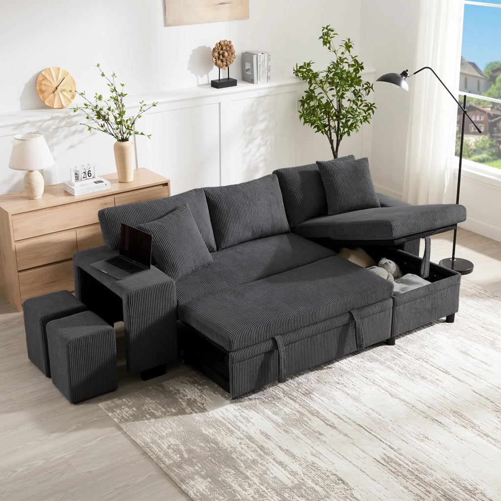 Divano letto angolare 231x131,5 cm con contenitore, USB e USB-C in velluto a coste grigio
