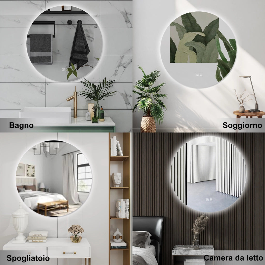 AICA Specchio da bagno 90 x 90 cm, 3 colori, antiappannamento, dimmerabile, interruttore touch, Funzione Memoria